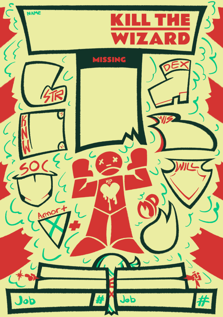 kill the wizard character sheet framed like a missing persons poster