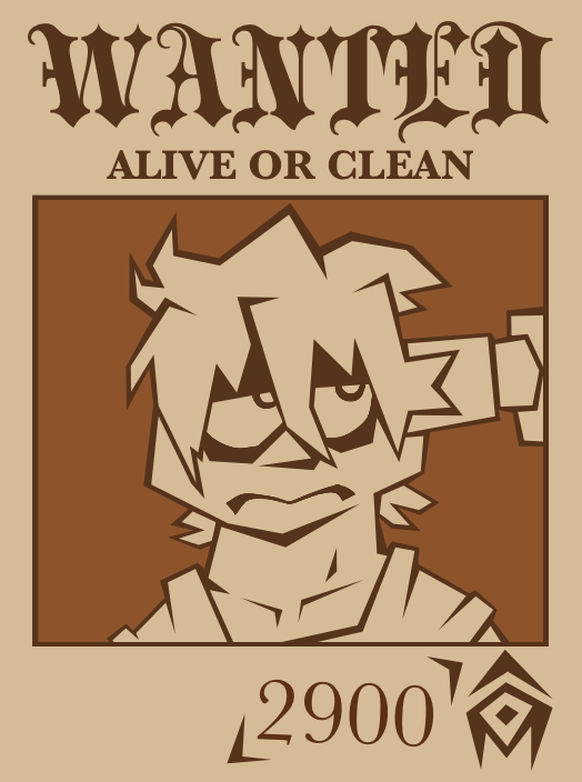 wanted poster with a guy with messy hair and a scowl being held at gunpoint