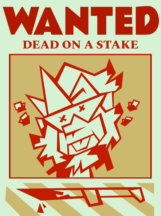 political poster modeled after a wanted poster championing putting politicians heads on stakes. the head is a older man with long sideburns and crown like horns, he is surrounded by flies.