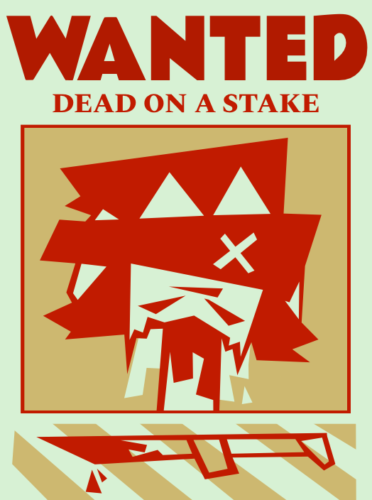 political poster modeled after a wanted poster championing putting politicians heads on stakes. the head is a short haired man with no jaw and a censor bar over the eyes.
