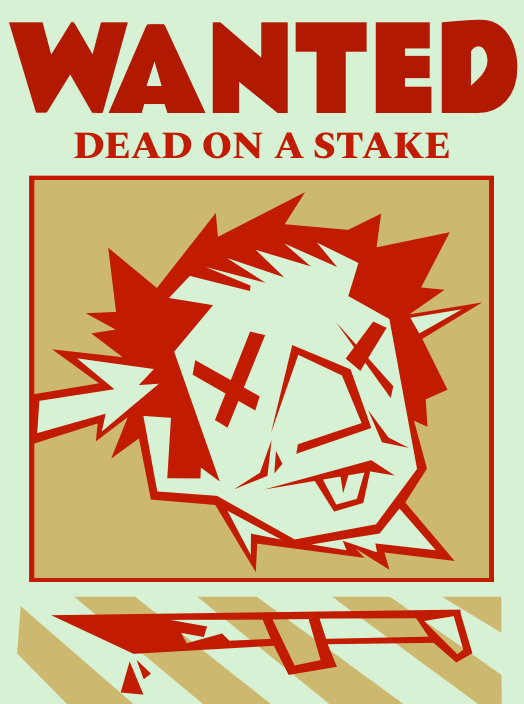political poster modeled after a wanted poster championing putting politicians heads on stakes. the head is a balding man staked sideways.