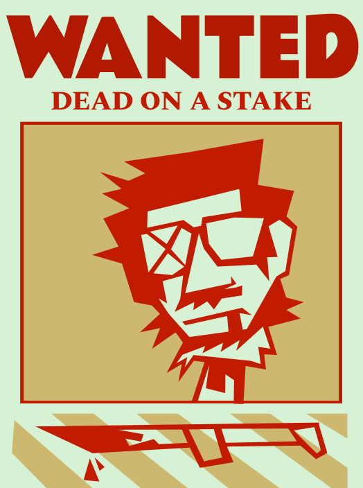 political poster modeled after a wanted poster championing putting politicians heads on stakes. the head is a short haired man with glasses.